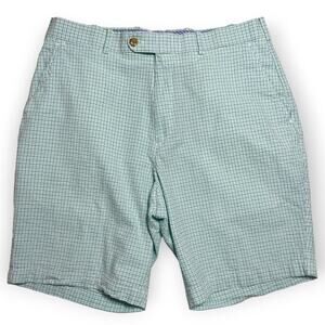 PETER MILLAR Seersucker Cotton Golf Shorts SIZE 34 Blue Green Gingham Plaid